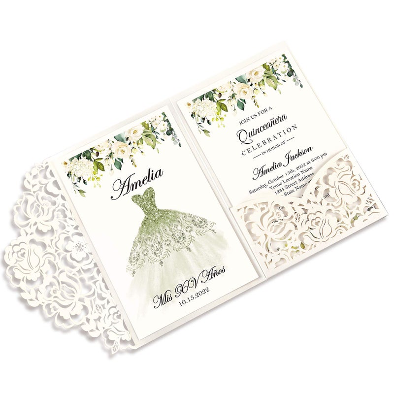DORIS HOME 50pcs Laser Cut Quinceanera Invitations Green and Ivory White, 4.7x7.1 Blank Quince Invitations for 15th Birthday, Invitation cards for Sweet 16 with Envelopes - Image 1